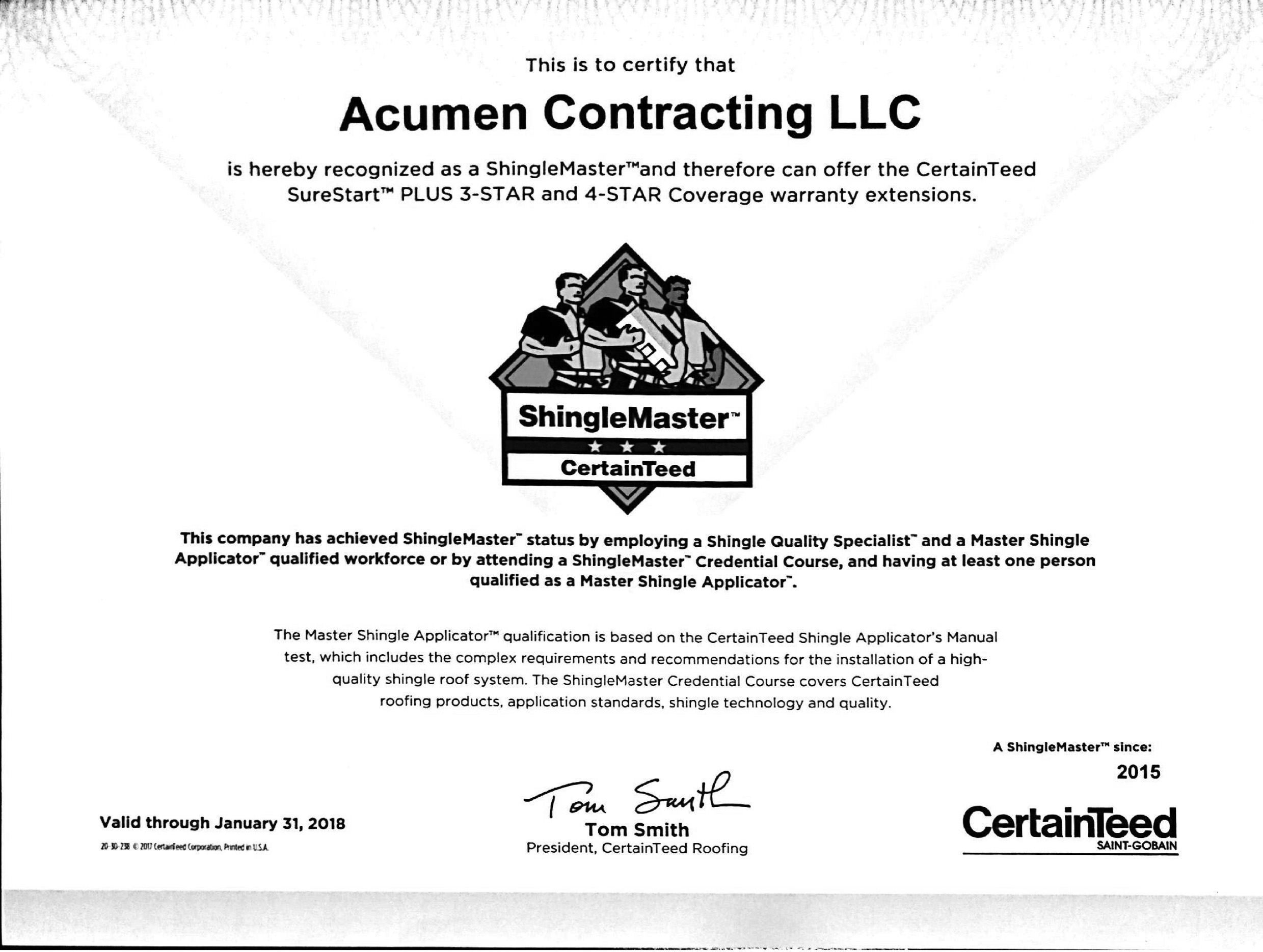 Acumen Contracting Certified roofing contractor
